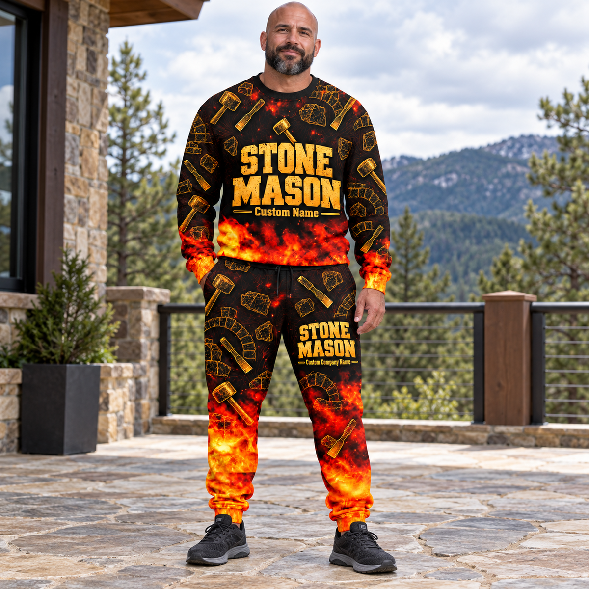 Stonemason matching top and jogger combo worn by an adult model