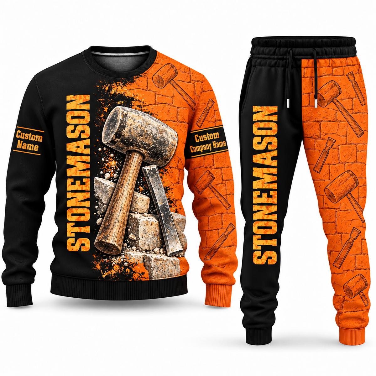 Stonemason matching top and jogger combo in Tools with name and company artwork