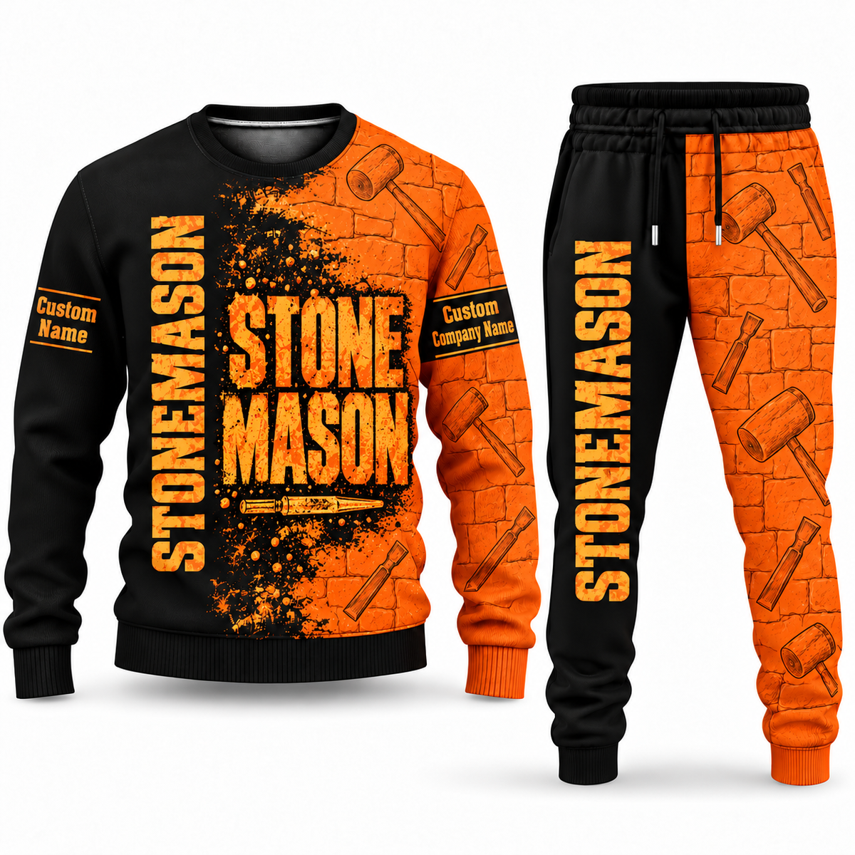 Stonemason matching top and jogger combo in Typography with name and company artwork