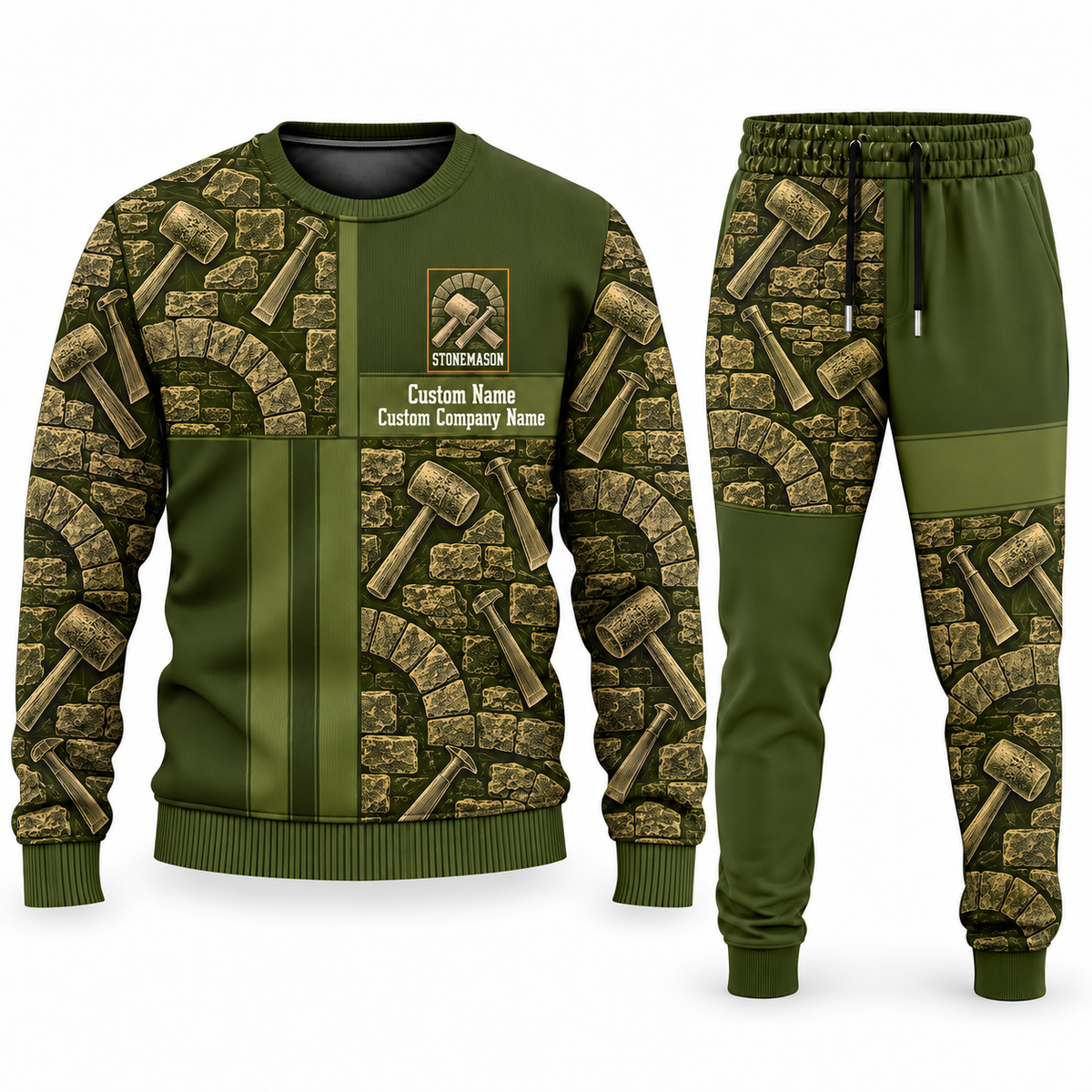 Stonemason matching top and jogger combo in Olive with name and company artwork