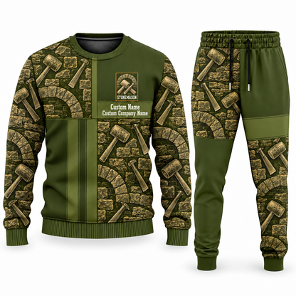 Stonemason matching top and jogger combo in Olive with name and company artwork