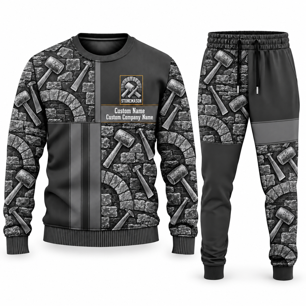 Stonemason matching top and jogger combo in Charcoal with name and company artwork