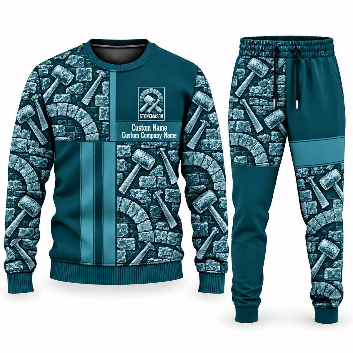 Stonemason matching top and jogger combo in Teal with name and company artwork