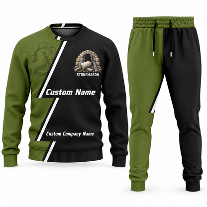 Stonemason matching top and jogger combo in Olive with name and company artwork