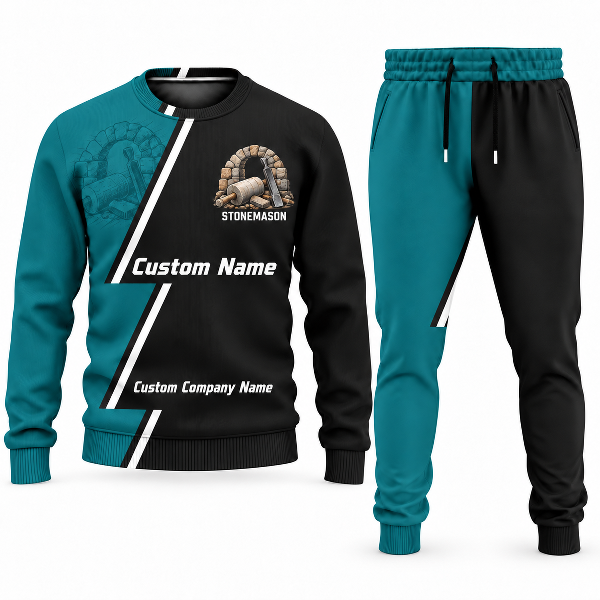 Stonemason matching top and jogger combo in Teal with name and company artwork