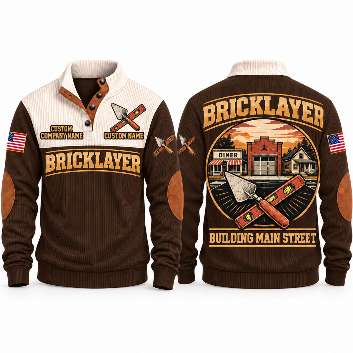 Bricklayer Building Main Street Sports Sweatshirt Brown front and back