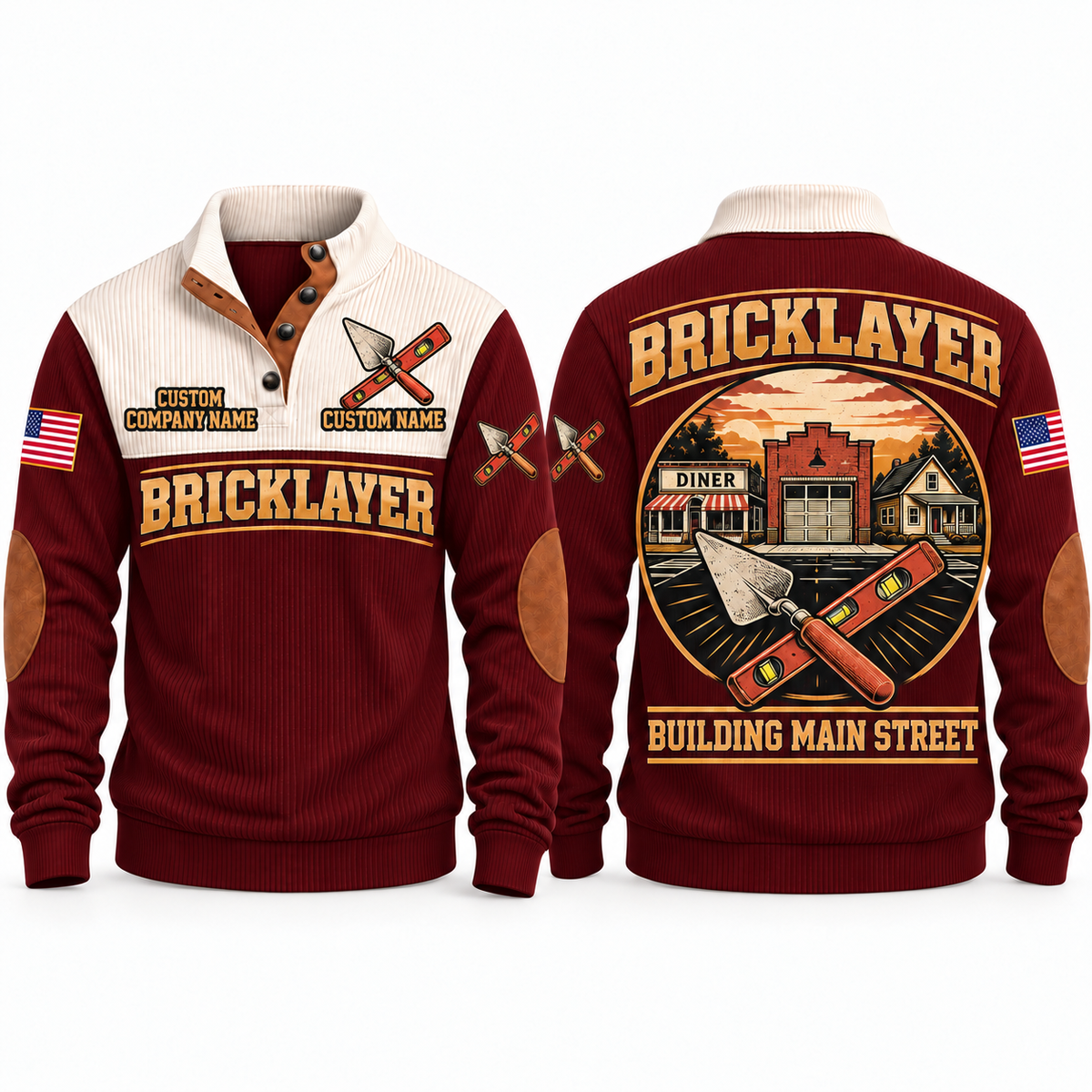 Bricklayer Building Main Street Sports Sweatshirt Jujube Red front and back