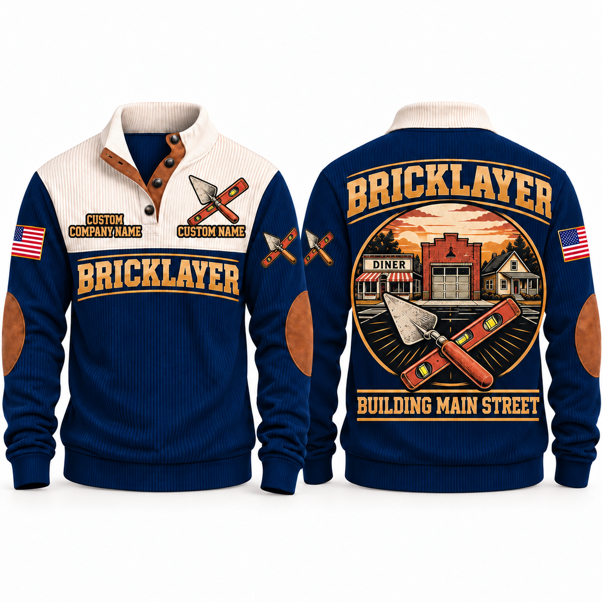 Bricklayer Building Main Street Sports Sweatshirt Navy front and back