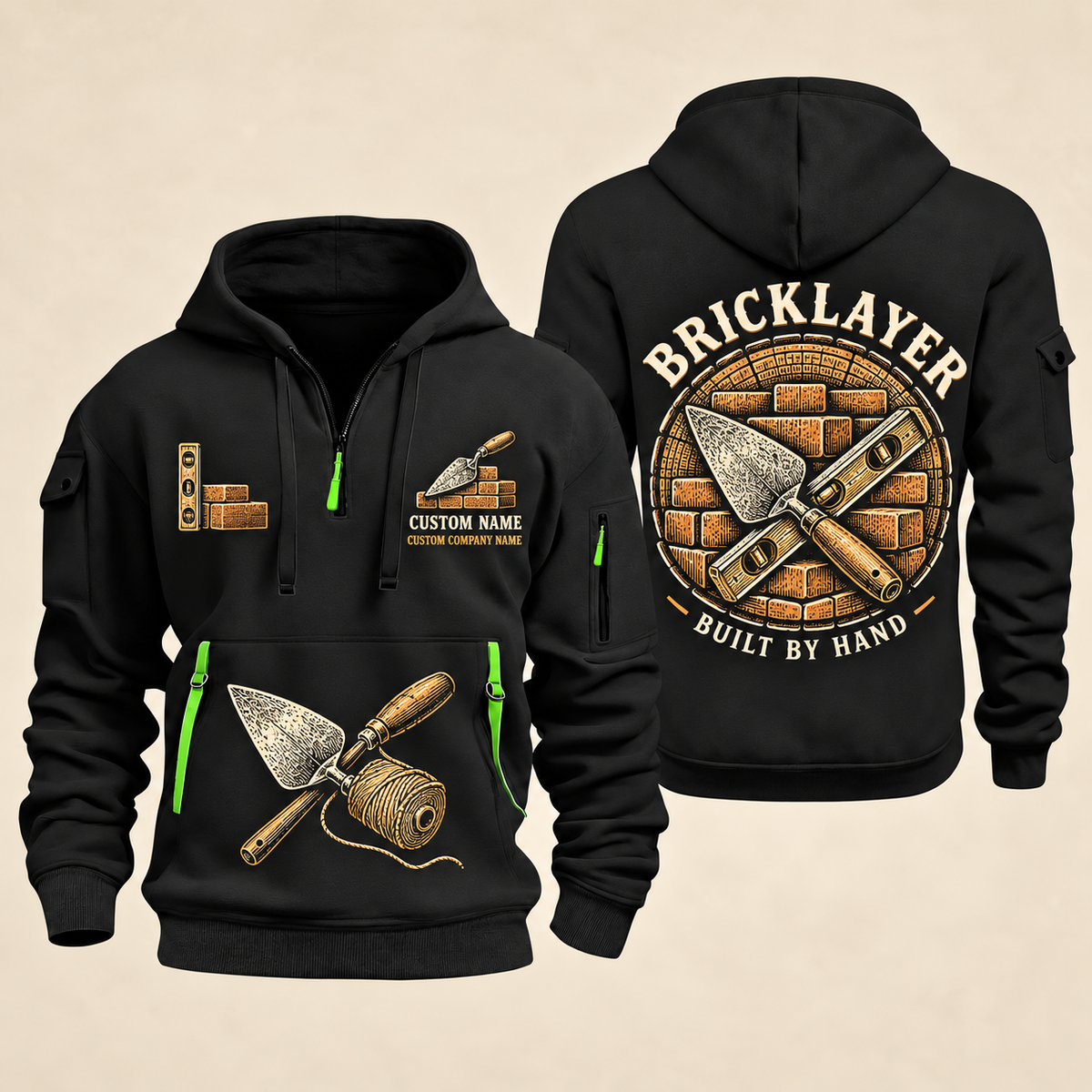 Bricklayer Built by Hand Quarter Zip Hoodie in Black, front and back