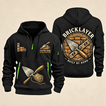 Bricklayer Built by Hand Quarter Zip Hoodie in Black, front and back