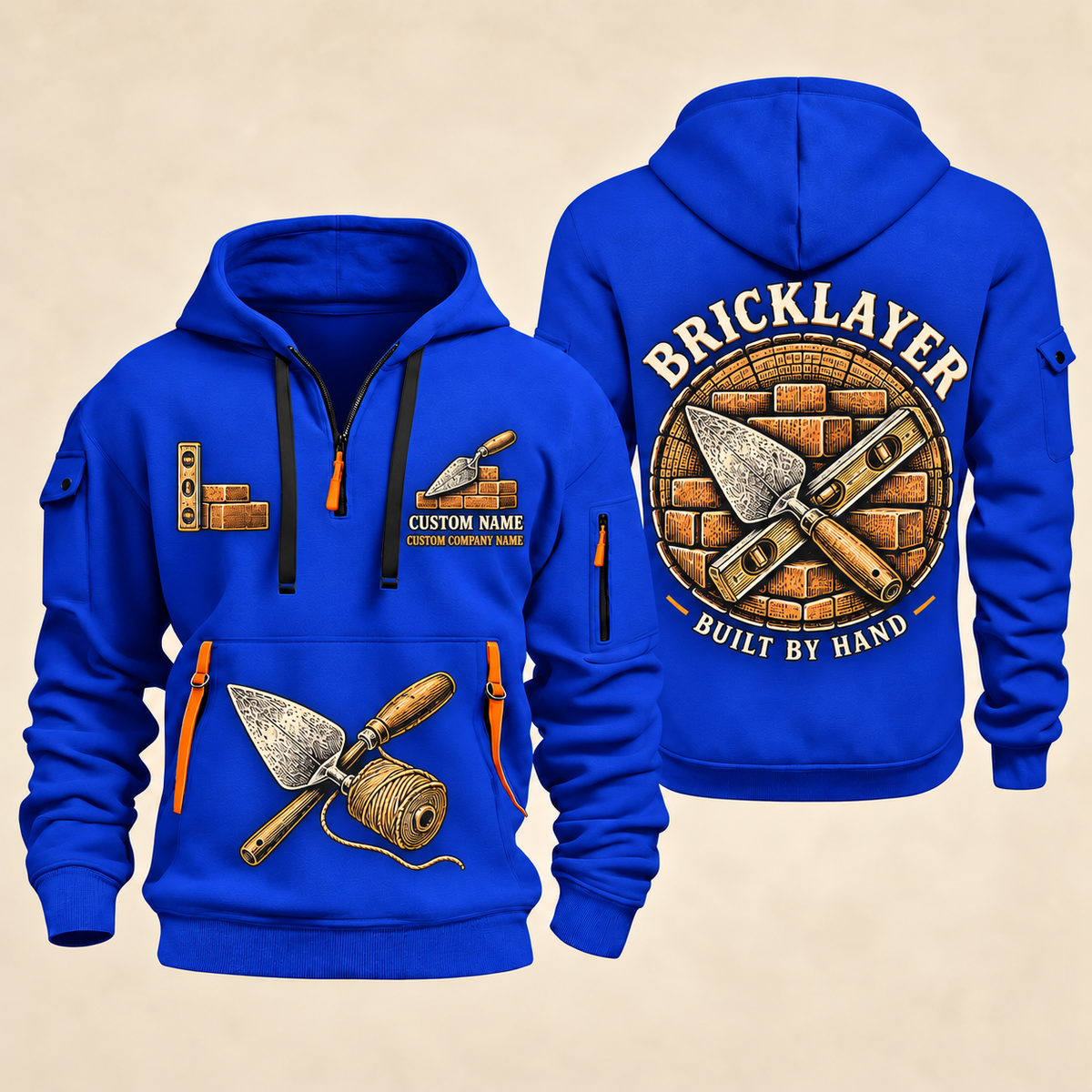 Bricklayer Built by Hand Quarter Zip Hoodie in Blue, front and back