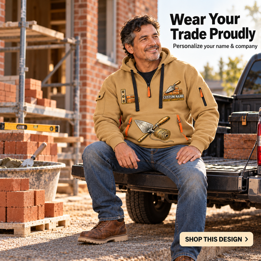 Bricklayer Built by Hand Quarter Zip Hoodie Khaki lifestyle listing hero