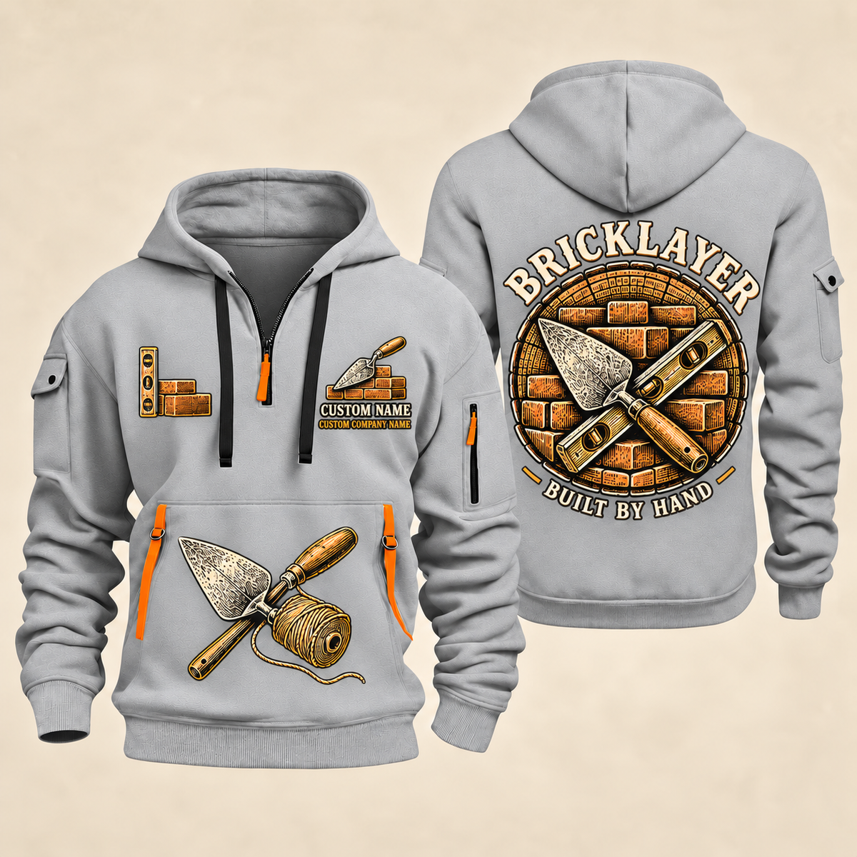Bricklayer Built by Hand Quarter Zip Hoodie in Light Grey, front and back