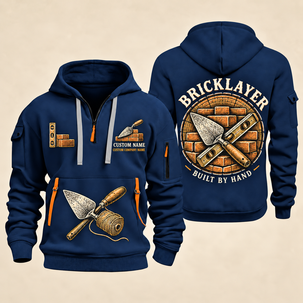 Bricklayer Built by Hand Quarter Zip Hoodie in Navy, front and back