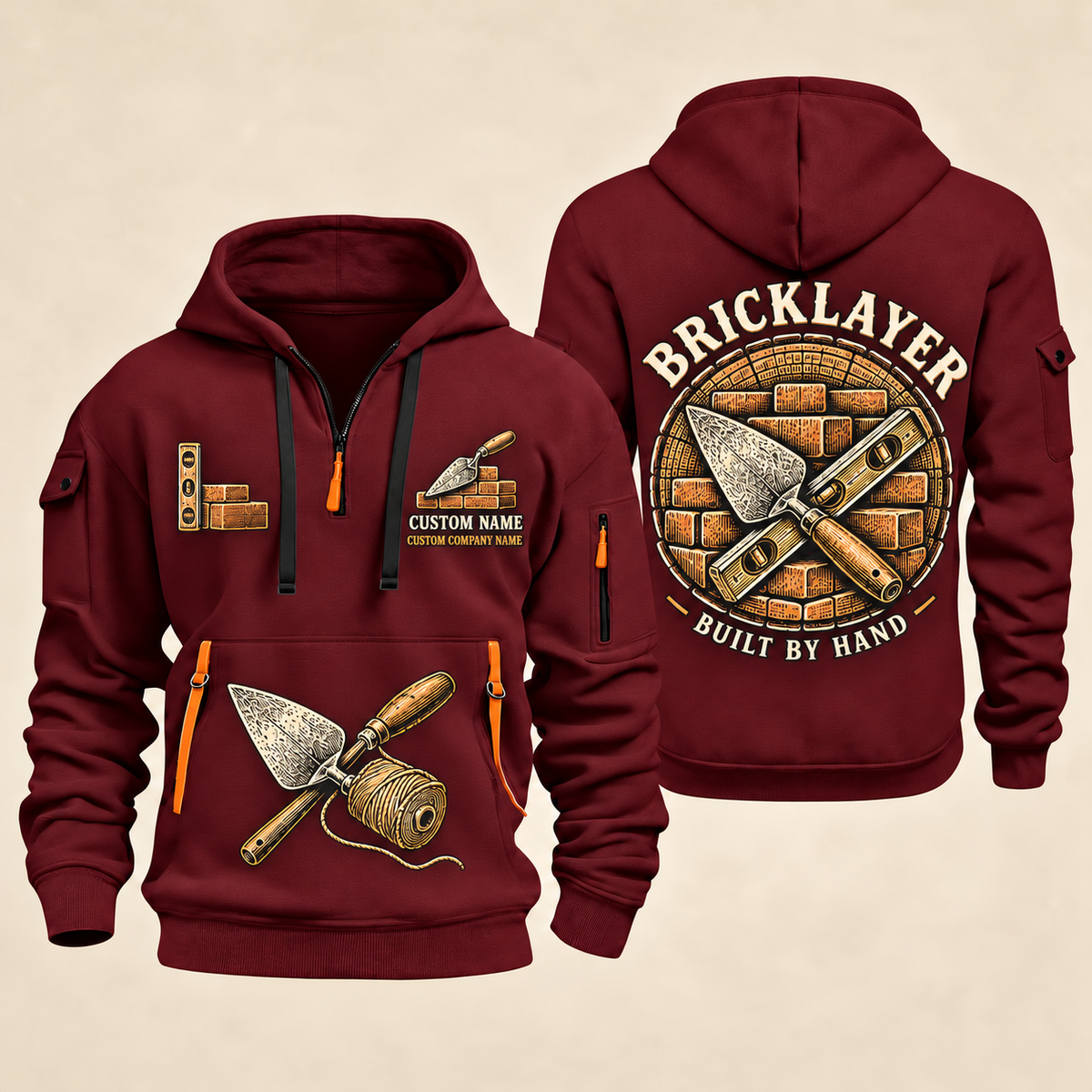 Bricklayer Built by Hand Quarter Zip Hoodie in Wine Red, front and back
