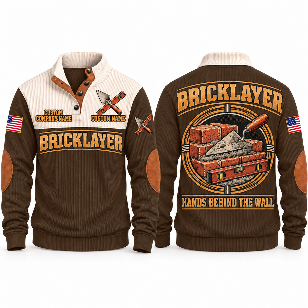 Bricklayer Hands Behind the Wall Sports Sweatshirt in Brown, front and back