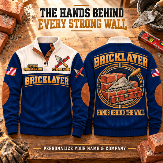 Bricklayer Hands Behind the Wall Sports Sweatshirt Navy listing hero on masonry workbench