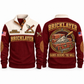 Bricklayer Hands Behind the Wall Sports Sweatshirt in Jujube Red, front and back