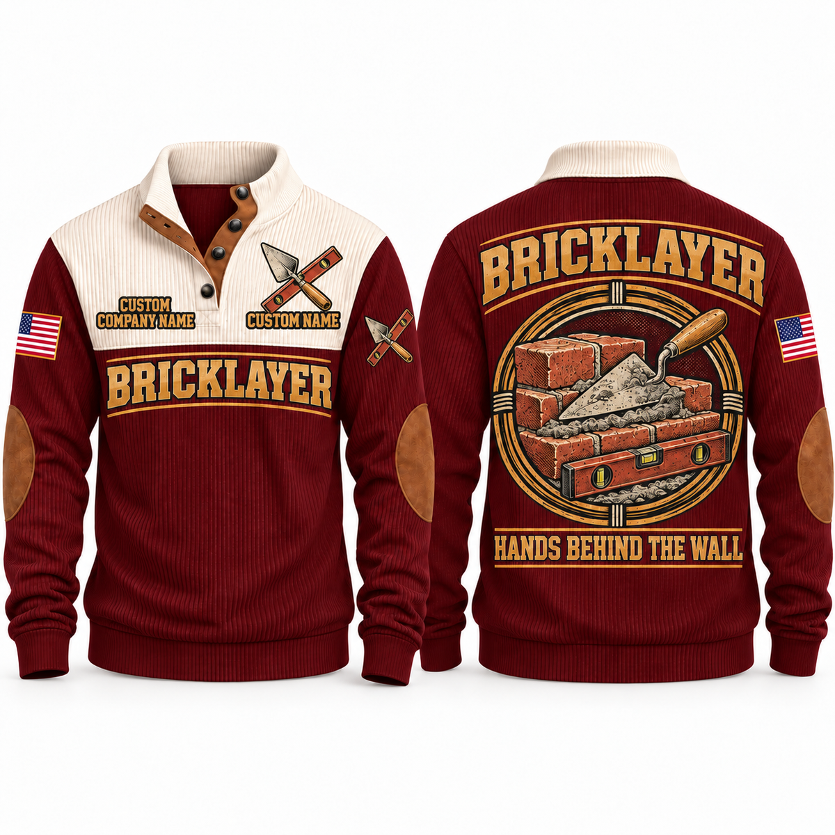 Bricklayer Hands Behind the Wall Sports Sweatshirt in Jujube Red, front and back