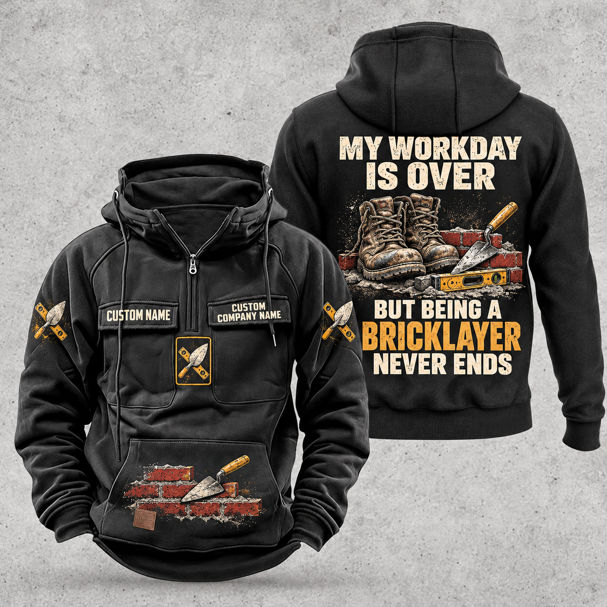 Bricklayer Never Ends Vintage Hoodie in Black, front and back