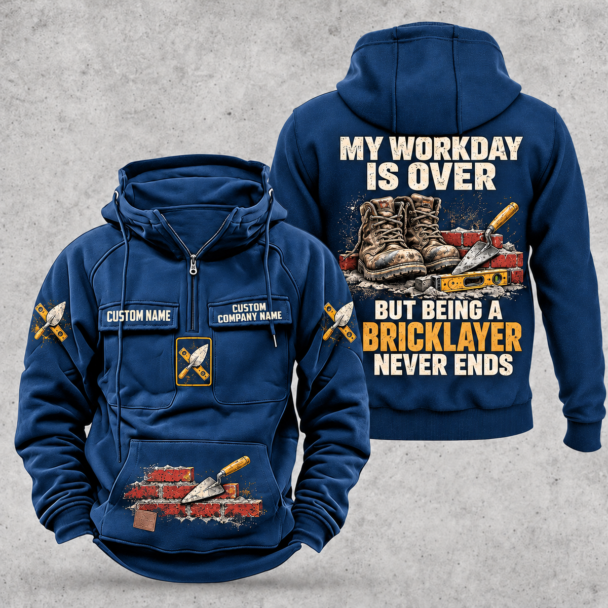 Bricklayer Never Ends Vintage Hoodie in Dark Blue, front and back