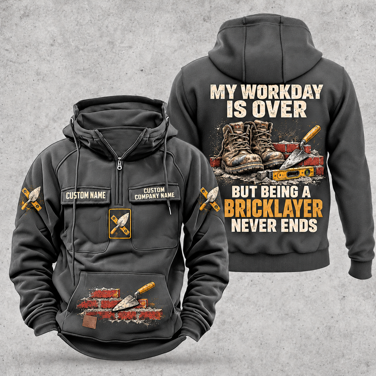 Bricklayer Never Ends Vintage Hoodie in Dark Gray, front and back