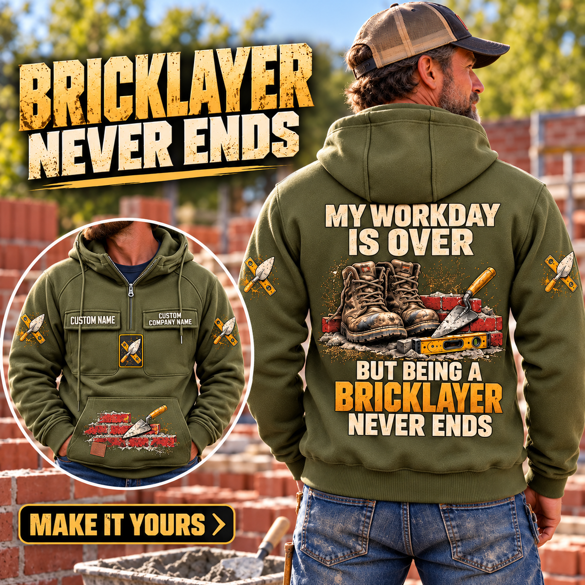 Bricklayer Never Ends Vintage Hoodie Military Green lifestyle hero with front detail