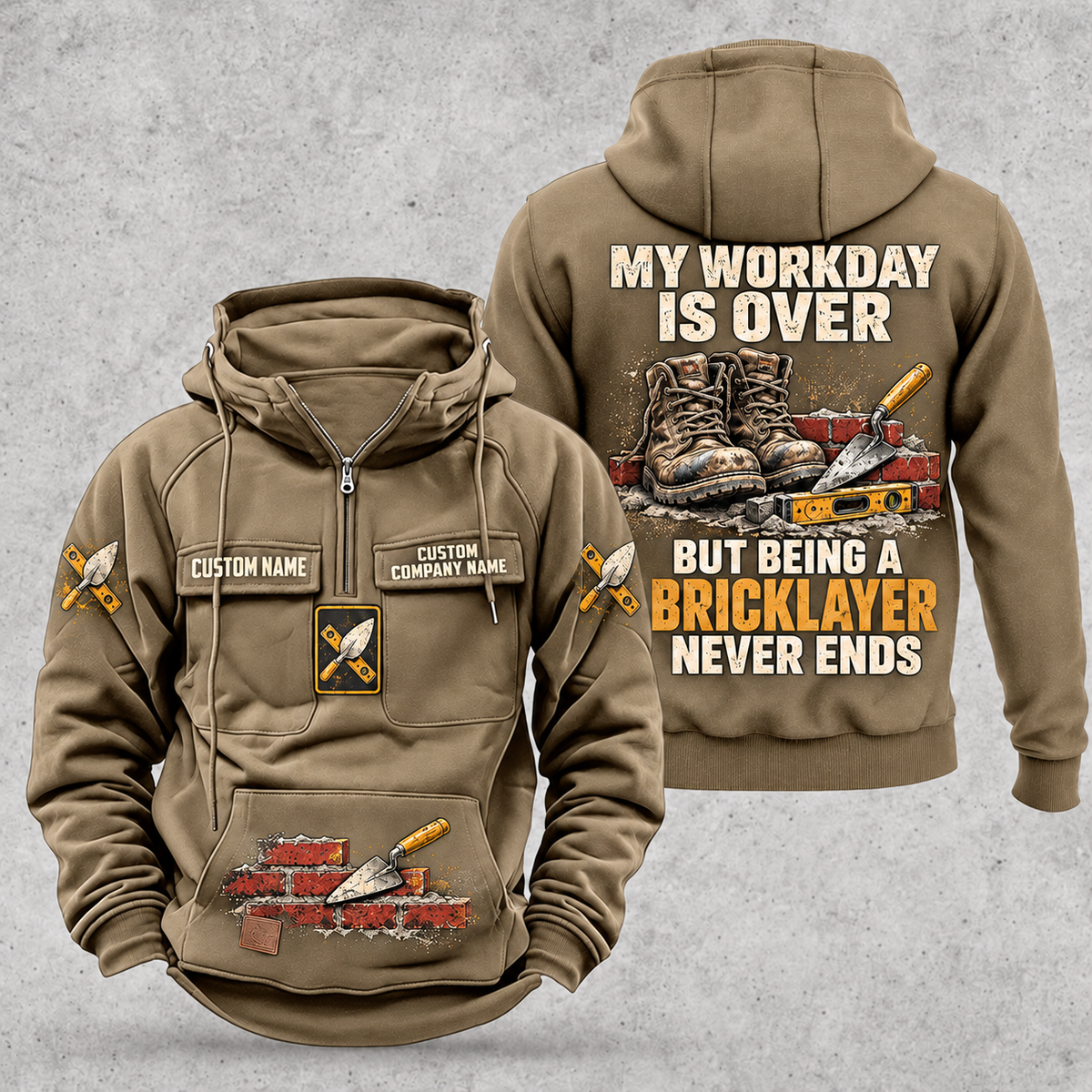 Bricklayer Never Ends Vintage Hoodie in Kaki, front and back