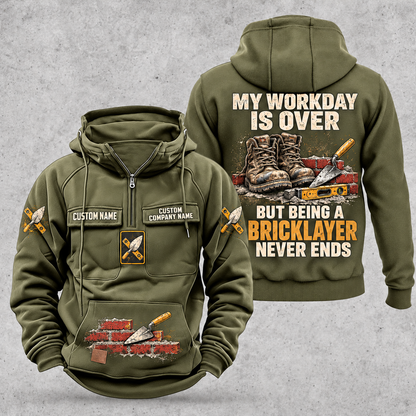 Bricklayer Never Ends Vintage Hoodie in Military Green, front and back