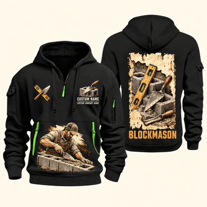 Blockmason Masonry Tools Quarter Zip Hoodie Black front and back