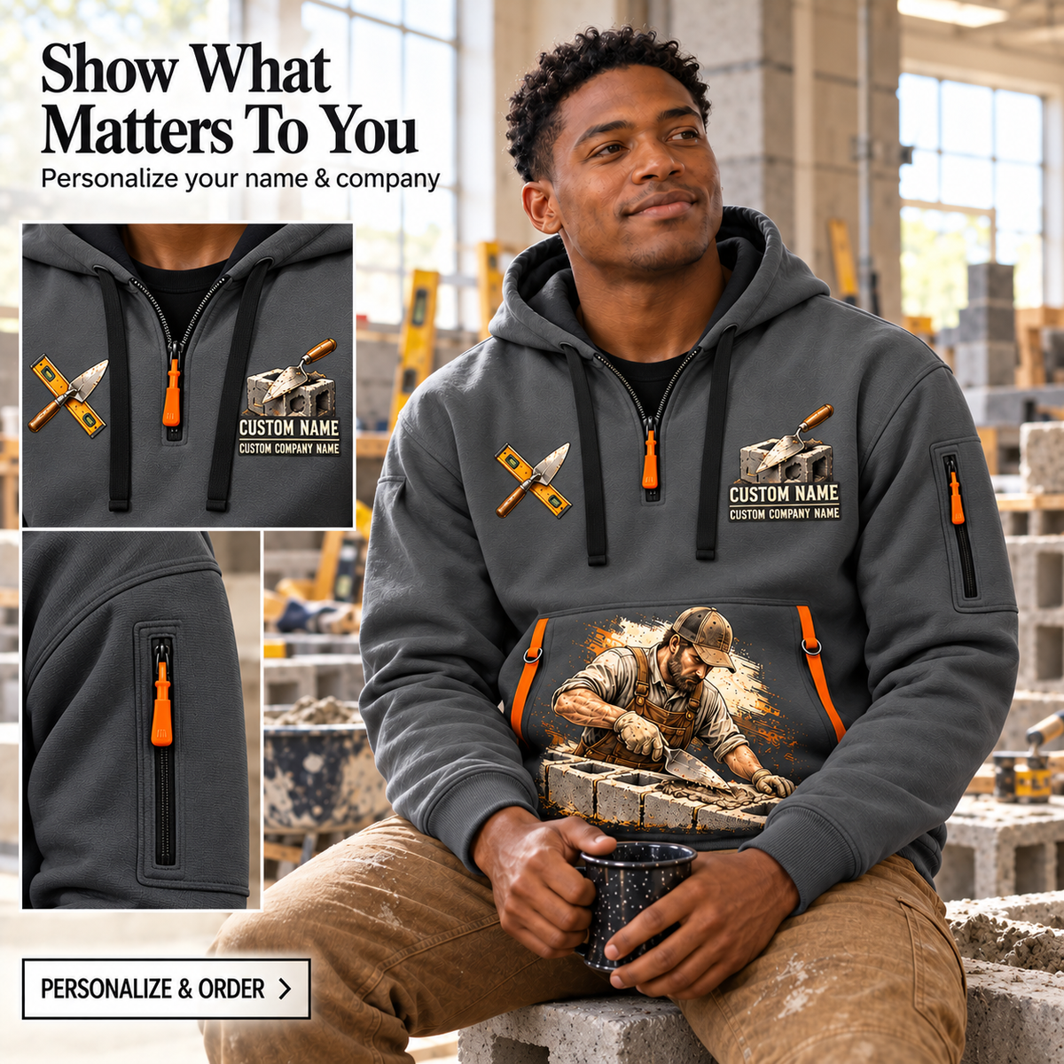 Blockmason Masonry Tools Quarter Zip Hoodie Gray listing hero