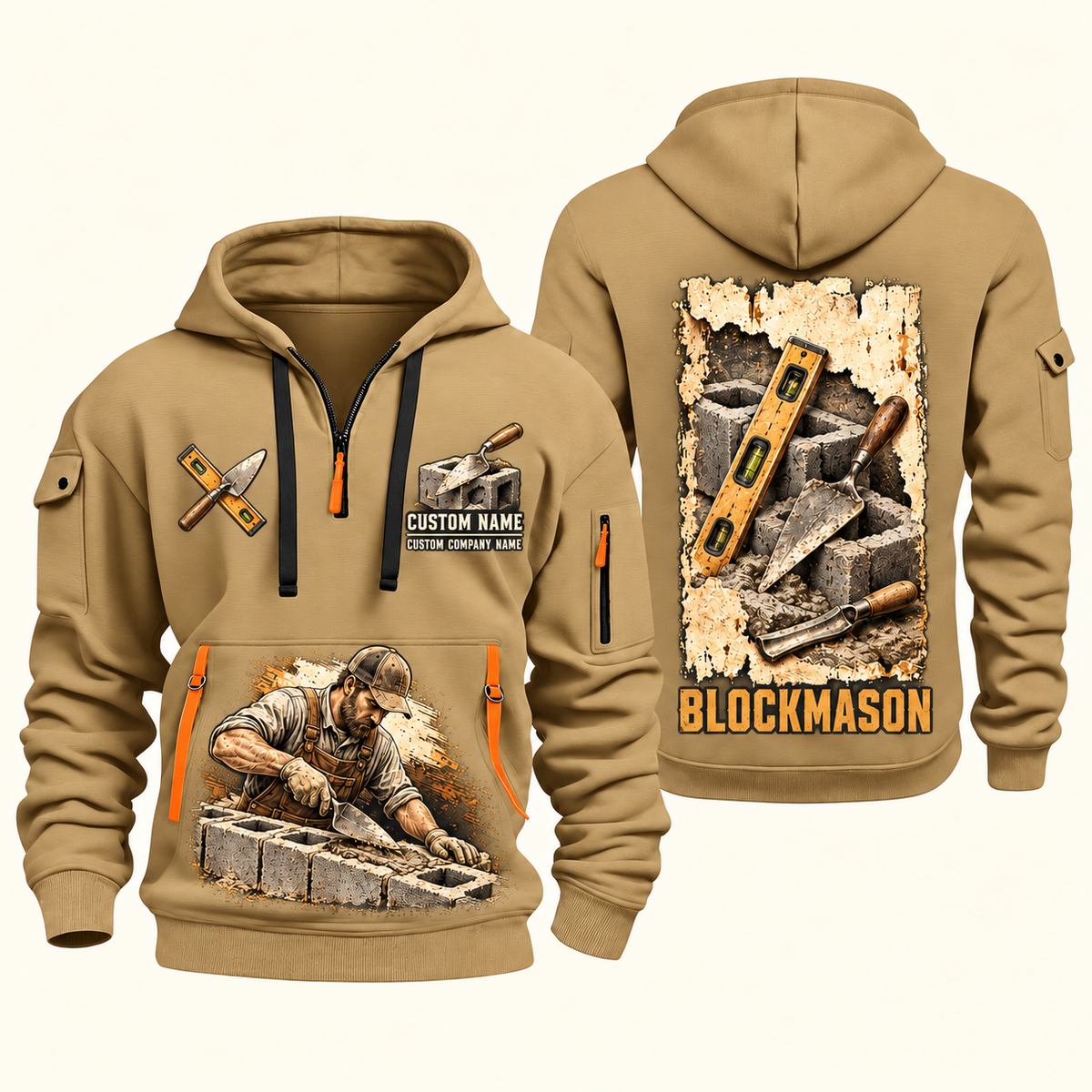 Blockmason Masonry Tools Quarter Zip Hoodie Khaki front and back