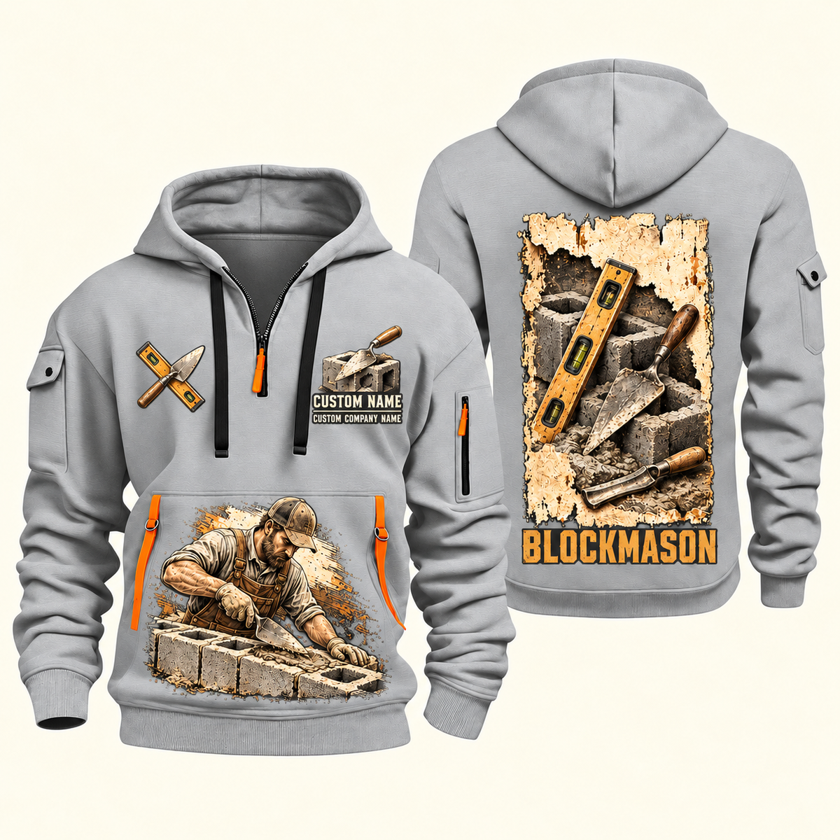 Blockmason Masonry Tools Quarter Zip Hoodie Light Grey front and back