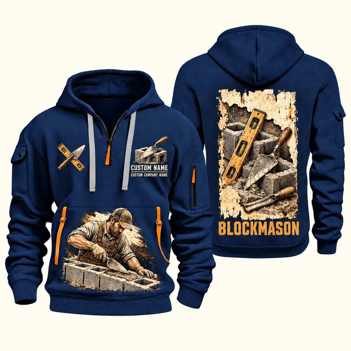 Blockmason Masonry Tools Quarter Zip Hoodie Navy front and back