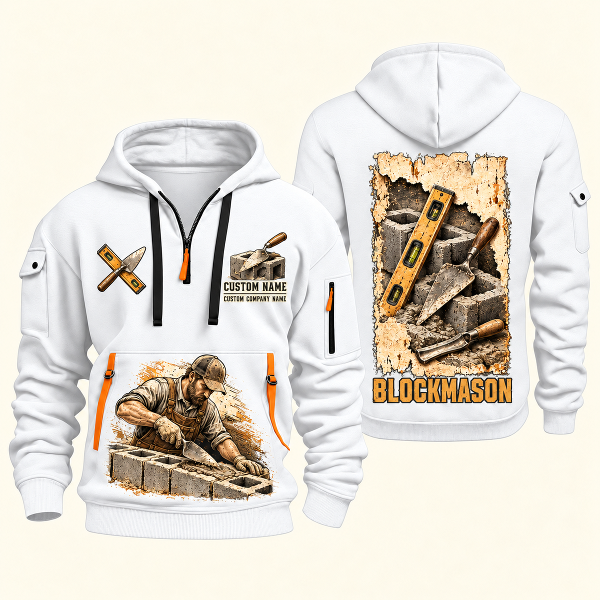 Blockmason Masonry Tools Quarter Zip Hoodie White front and back