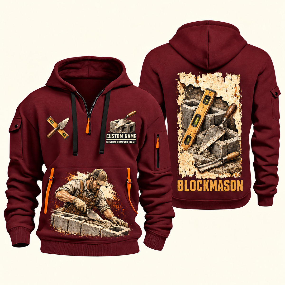Blockmason Masonry Tools Quarter Zip Hoodie Wine Red front and back