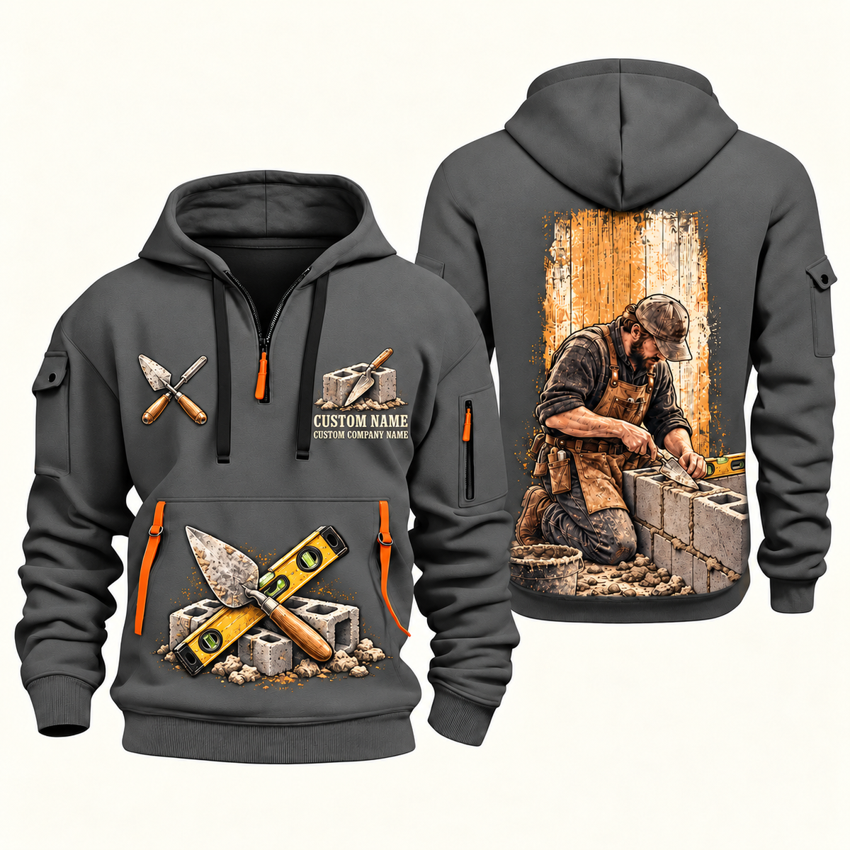Blockmason Blockwork Craft Quarter Zip Hoodie Gray front and back