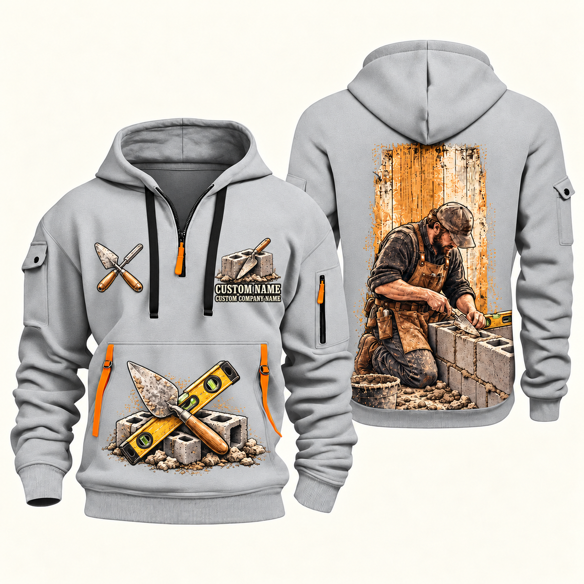 Blockmason Blockwork Craft Quarter Zip Hoodie Light Grey front and back