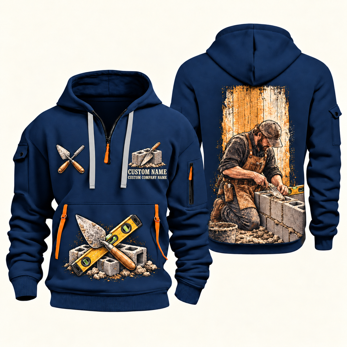 Blockmason Blockwork Craft Quarter Zip Hoodie Navy front and back