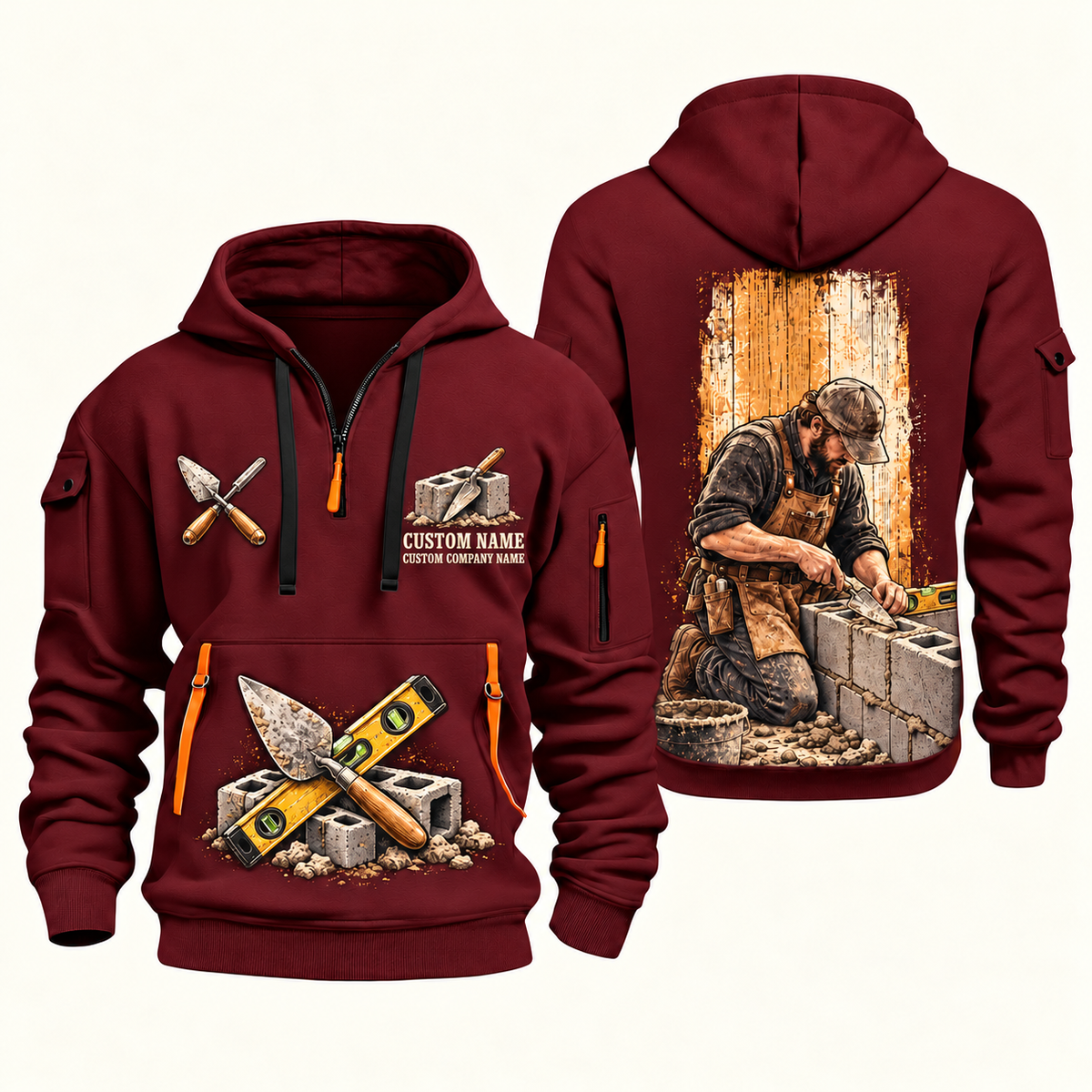 Blockmason Blockwork Craft Quarter Zip Hoodie Wine Red front and back