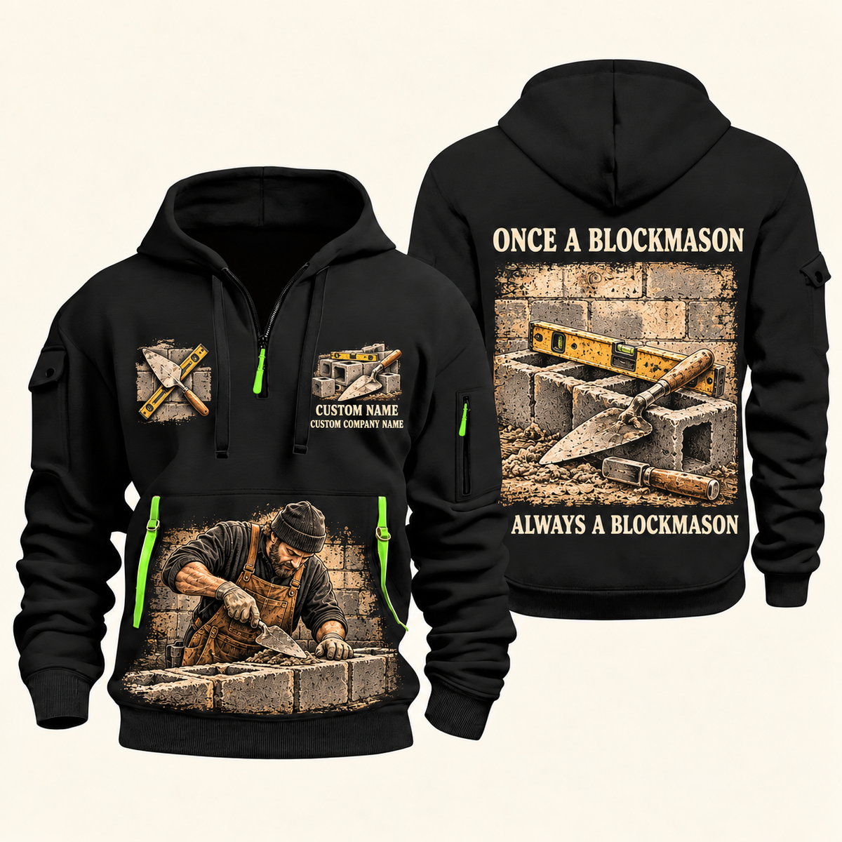 Blockmason Once and Always Quarter Zip Hoodie Black front and back