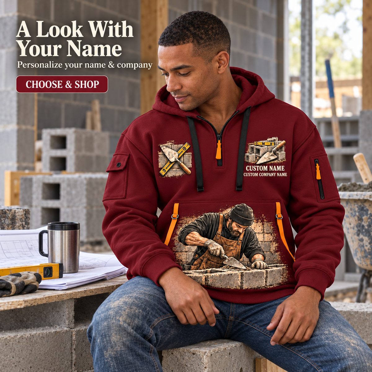 Blockmason Once and Always Quarter Zip Hoodie Wine Red listing hero