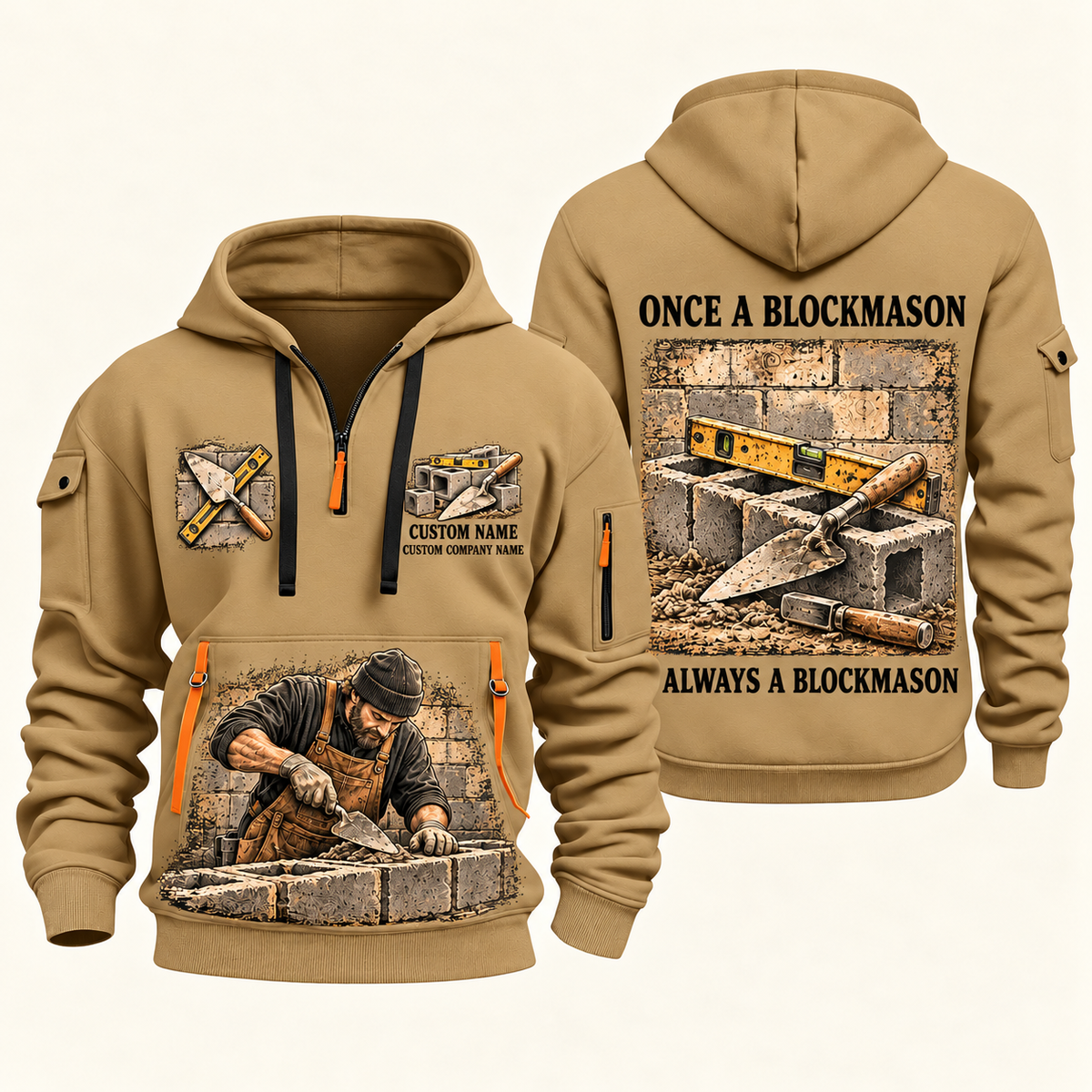 Blockmason Once and Always Quarter Zip Hoodie Khaki front and back