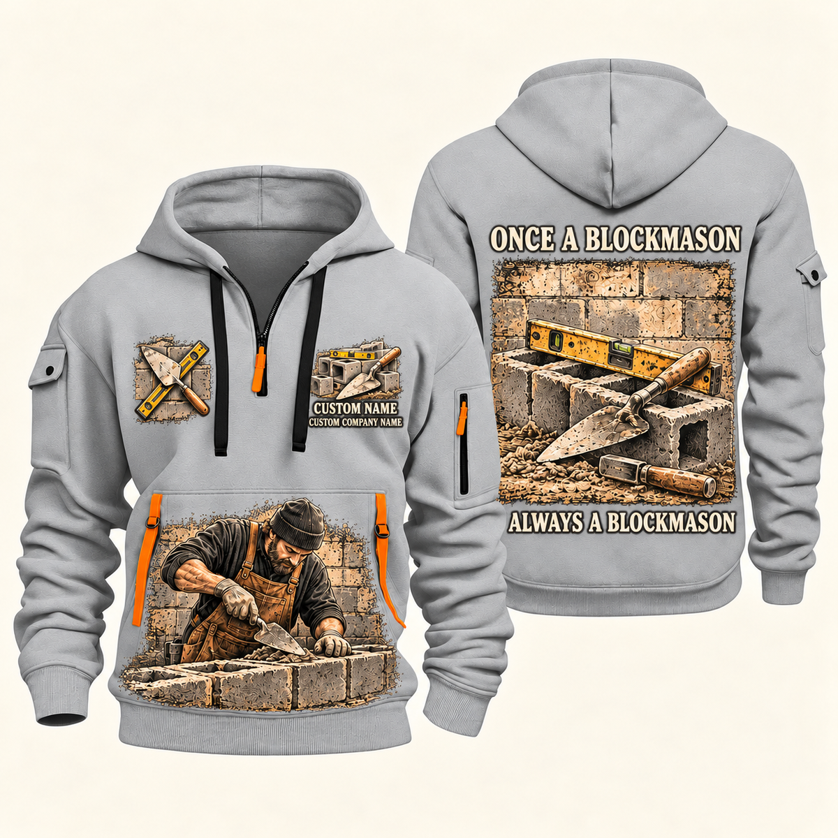 Blockmason Once and Always Quarter Zip Hoodie Light Grey front and back
