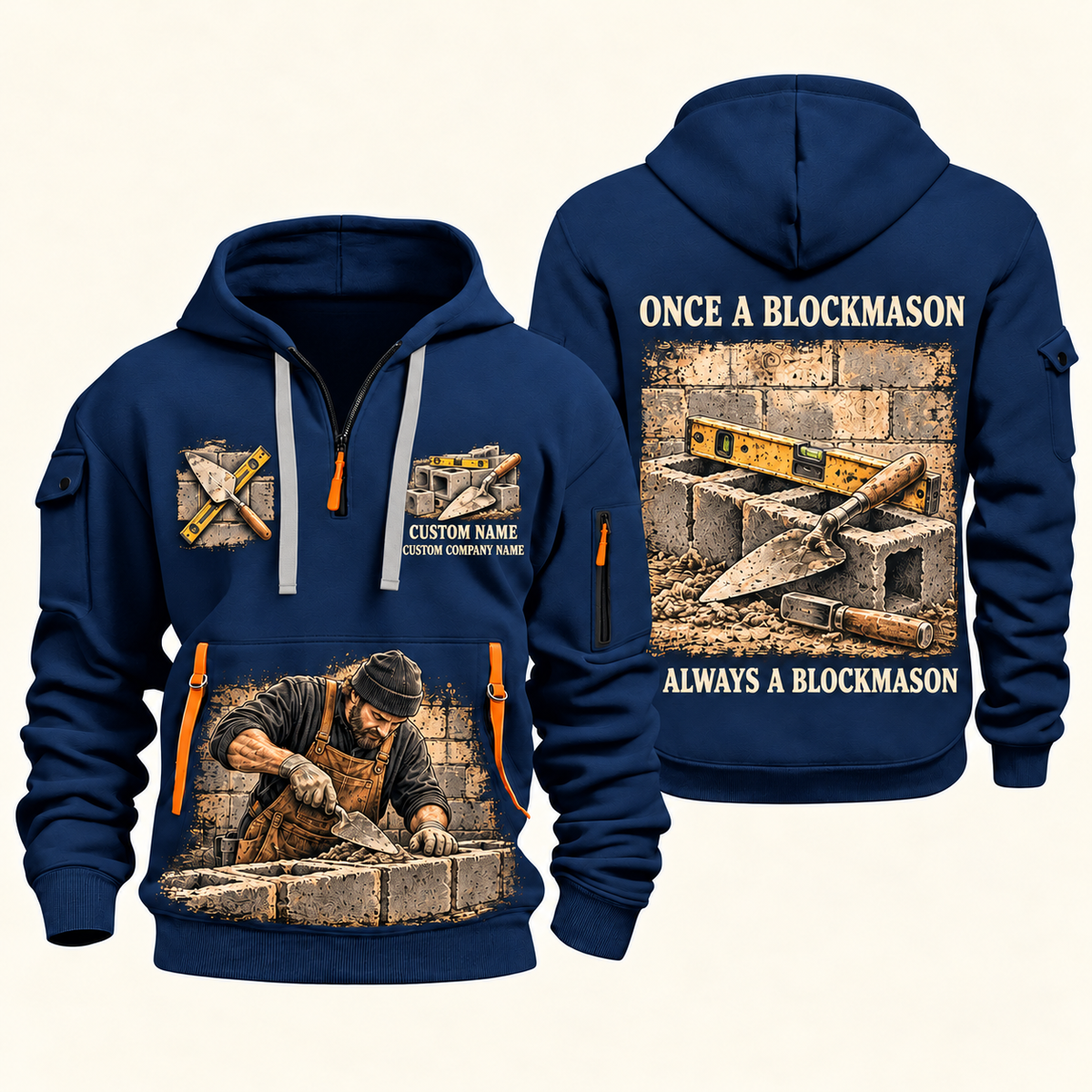 Blockmason Once and Always Quarter Zip Hoodie Navy front and back