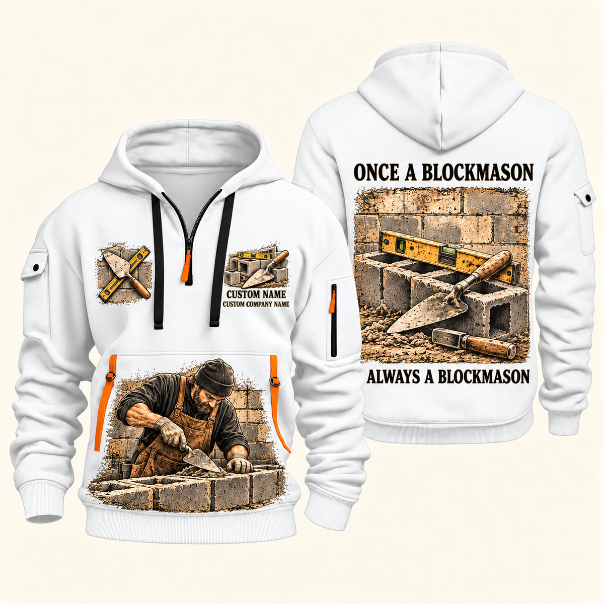 Blockmason Once and Always Quarter Zip Hoodie White front and back
