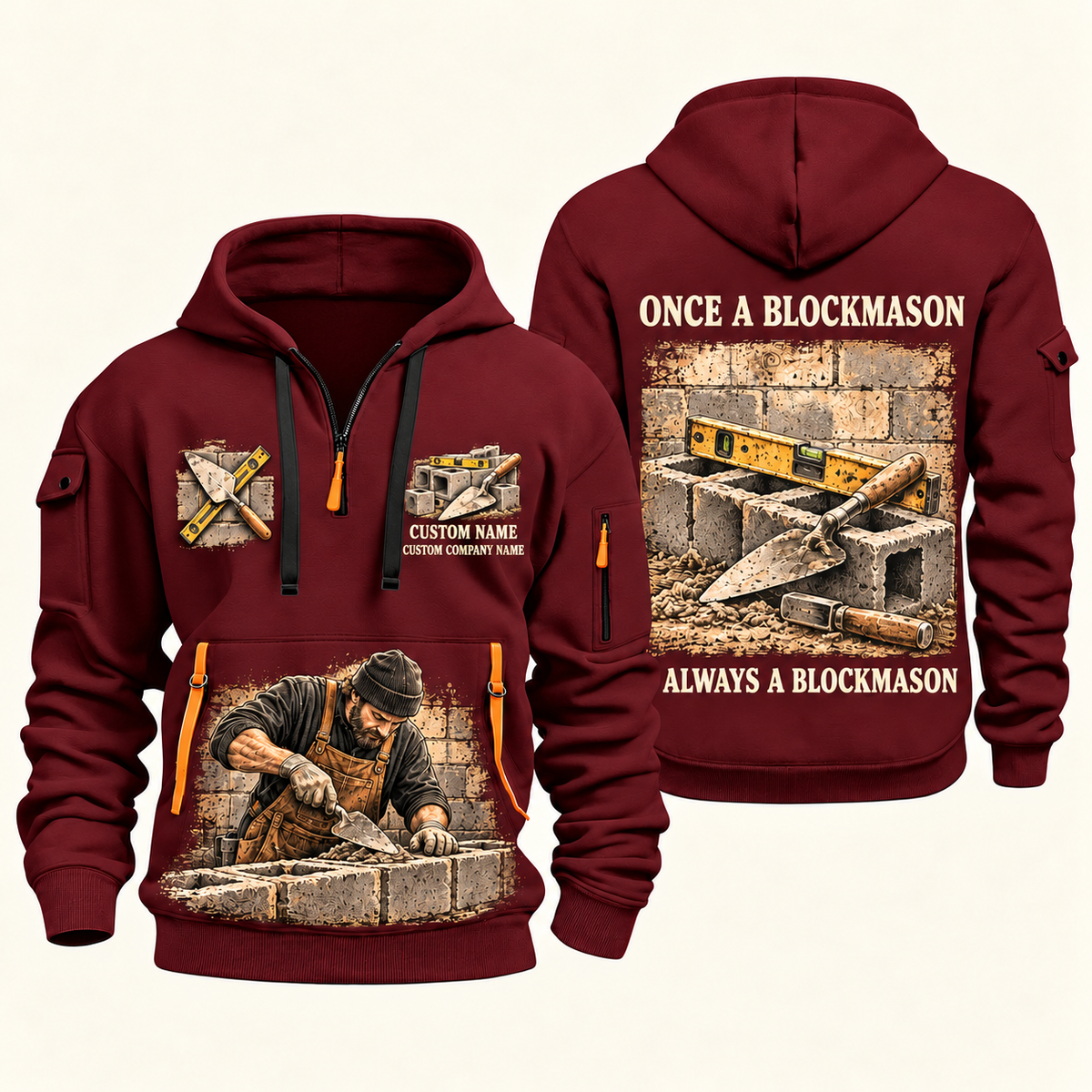 Blockmason Once and Always Quarter Zip Hoodie Wine Red front and back