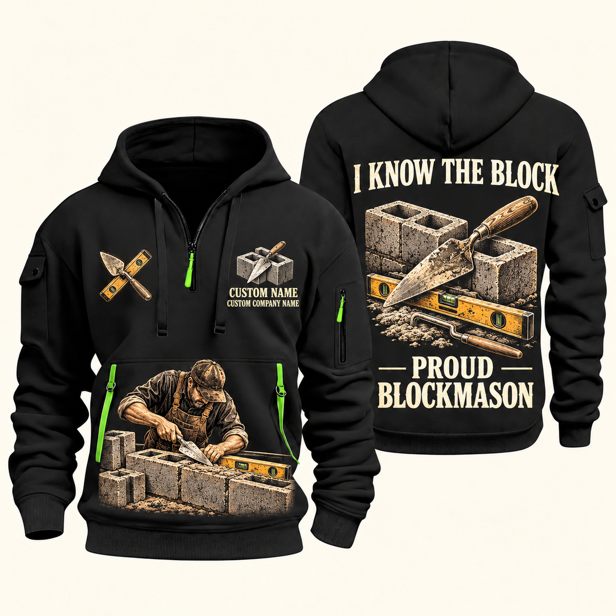 Blockmason Proud Craftsperson Quarter Zip Hoodie Black front and back