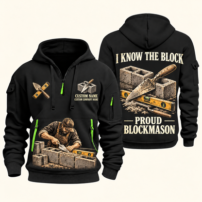 Blockmason Proud Craftsperson Quarter Zip Hoodie Black front and back