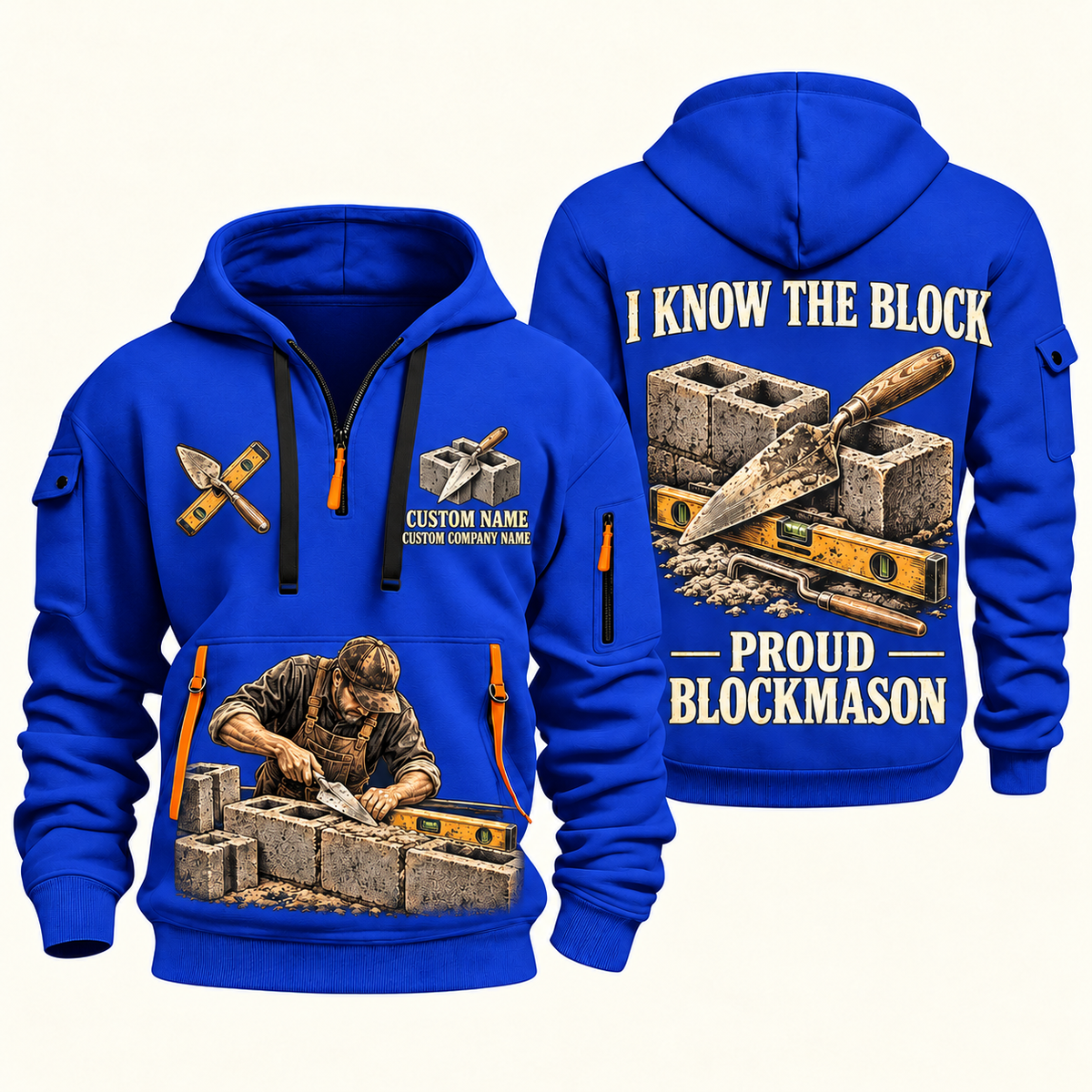 Blockmason Proud Craftsperson Quarter Zip Hoodie Blue front and back